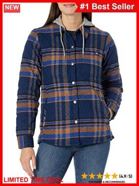 Flannel Hooded Shirt Jacket Water Repellent Quilted Snap Closure